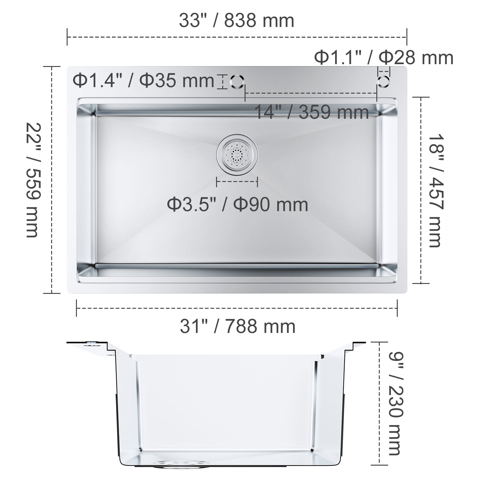 KFFKFF KM-SC-2302-SKU2 Stainless Steel 33" Top-Mount Single Bowl Sink