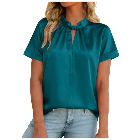 vigerkar Women's Dressy Business Casual Blouses Short Sleeve Tops Summer Outfits Pleated Work Shirts (Green, XL)