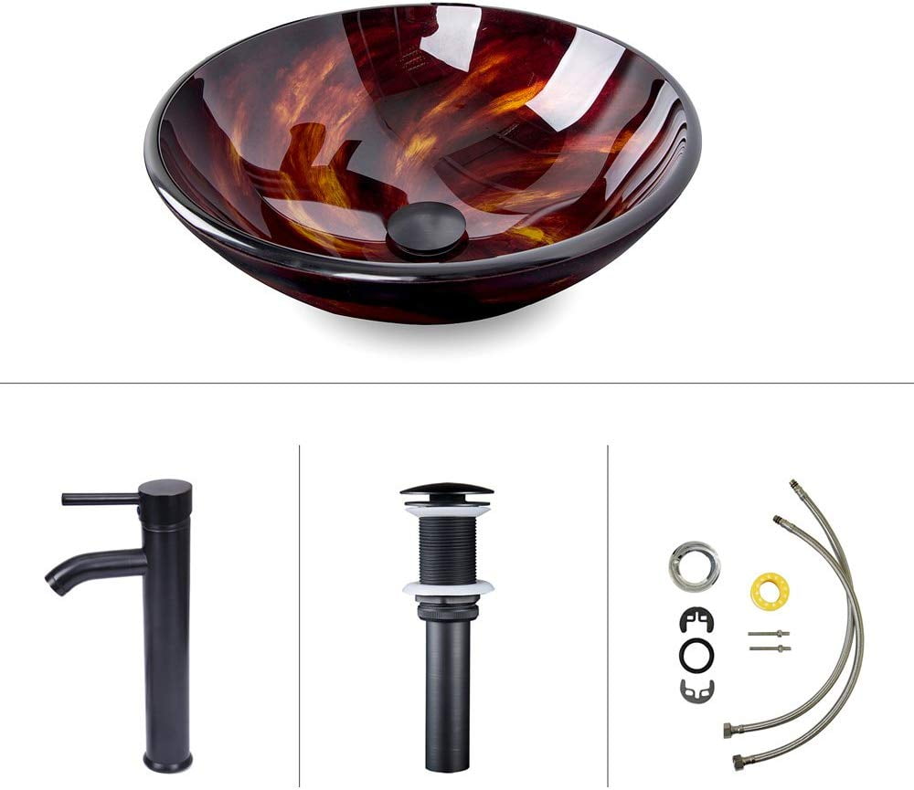 ELECWISH Bathroom Round Vessel Sink Ocean Blue Tempered Glass Above Top Hand Painting Artistic Sink with Oil Rubbed Bronze Faucet /& Pop Up Drain
