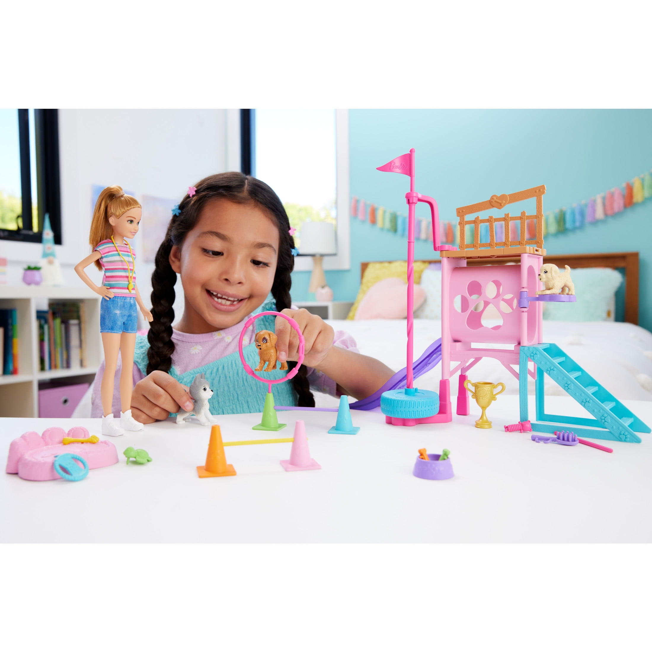 Barbie and Stacie to The Rescue Puppy Playground Playset with Doll, 3 Pet Dog Figures, Multicolor