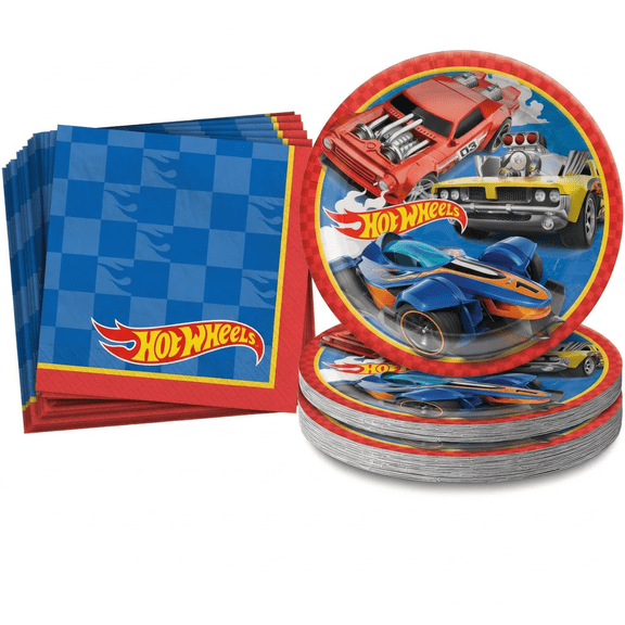 Hot Wheels Party Supplies Set - 16 Count 9 Inch Paper Plates and 16 Beverage Napkins 5 x 5 | Disposable Race Car Birthday Tableware