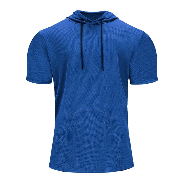 LUXUR Mens T Shirts Hooded Neck Blouse Solid Color Summer Tops Loose Fit Pullover Short Sleeve Basic Tee Blue L