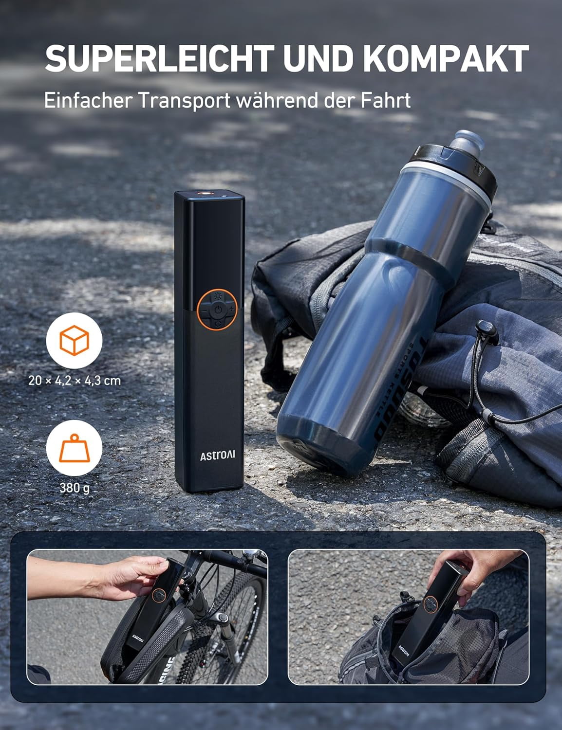 AstroAI Bicycle Pump Electric Air Pump, 150 PSI Mini Portable Battery Bicycle Pump All Valves, High Voltage Motor Specially for Bicycle, Rechargeable for City Bike, Road Bike, Mountain Bike, E-Bike