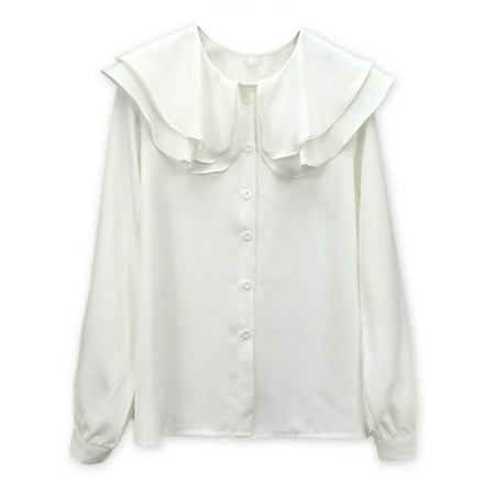 Ruffle Collar Blouse - Maraso Women Long Sleeve Doll Collar Solid Color Ruffled Chiffon Shirt Blouse Tops