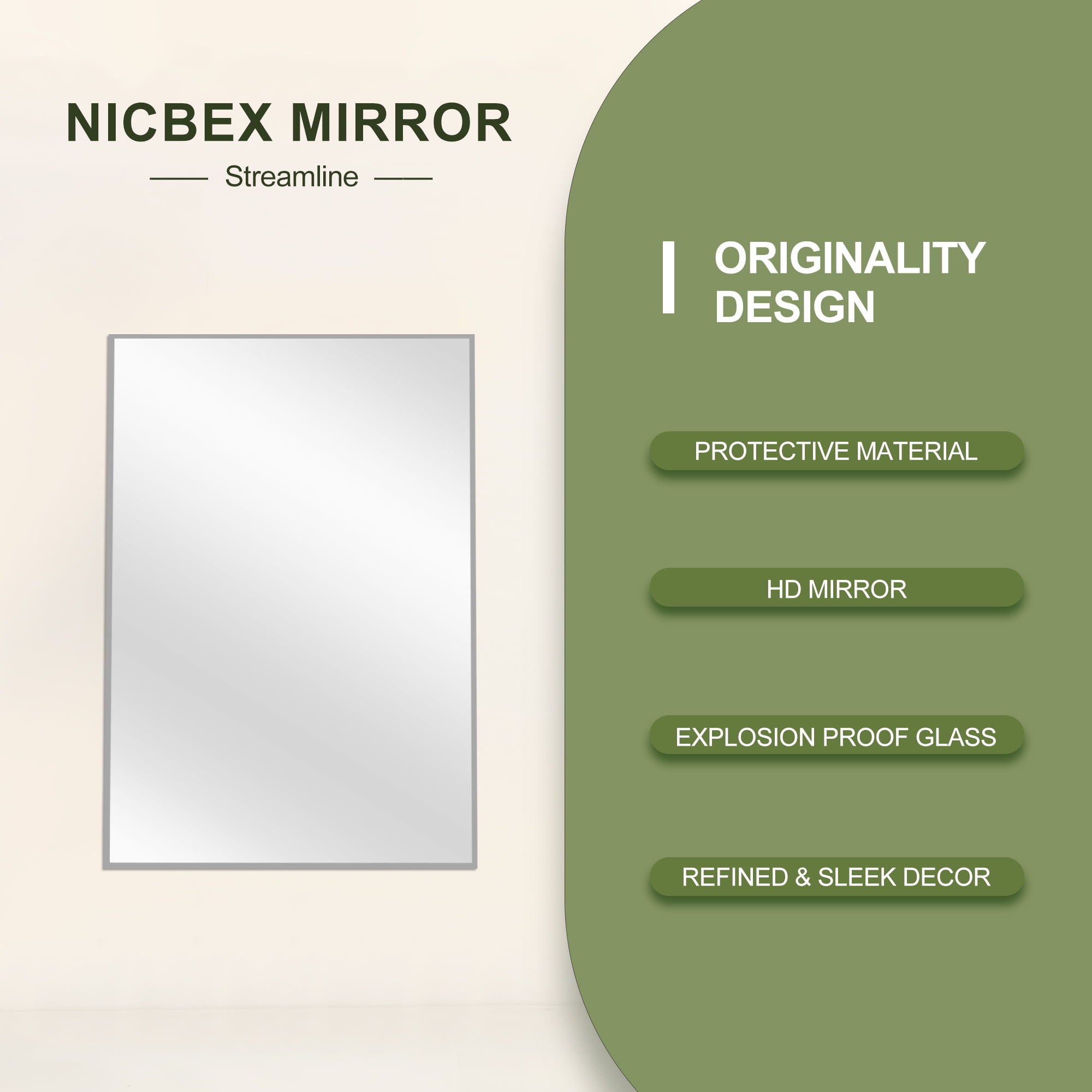 MAYEERTY 38"×26" Silver Aluminum Slim-Frame Rectangular Wall Mirror Sleek for Bathroom or Entryway