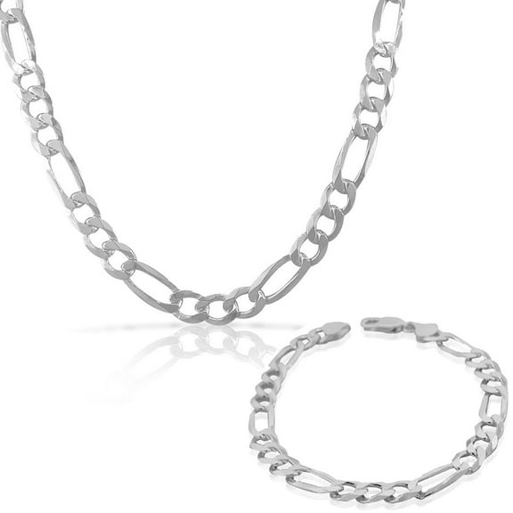 My Daily Styles Sterling Silver Figaro Link Chain - Italian Men's 925 Necklace & Bracelet Set - Made in Italy Necklace - Silver Chain Set For Men - 8MM