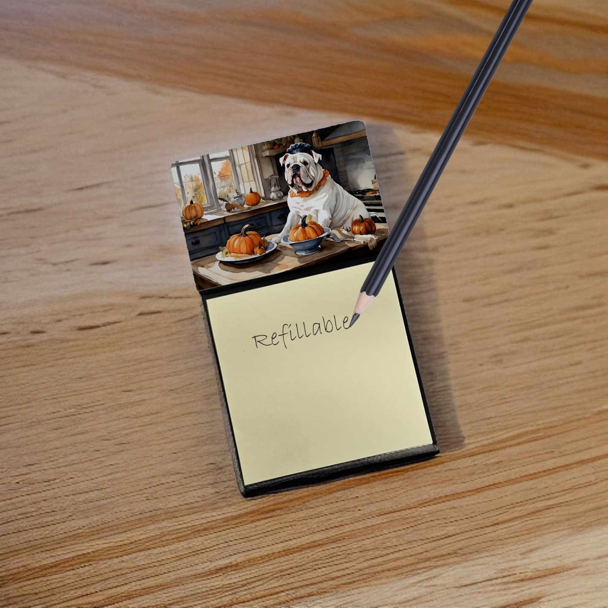 English Bulldog Fall Kitchen Pumpkins Sticky Note Holder 3.25 in x 5.25 in