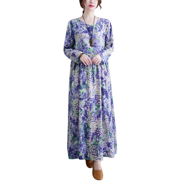 Vestido suelto de mujer Vintage estampado manga larga cuello redondo cintura alta Casual vestid Abanopi Vestido