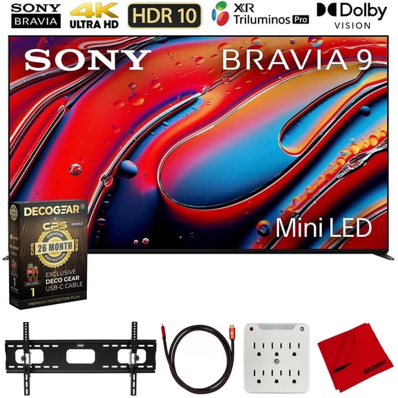 Sony BRAVIA 9 K65XR90 65" 4K HDR QLED Mini-LED TV (2024) Bundle with Deco Gear CPS 26 Months Extended Protection, 6FT HDMI Cable, 37"-100" TV Wall Mount, 6-Outlet Surge Adapter and Microfiber Cloth