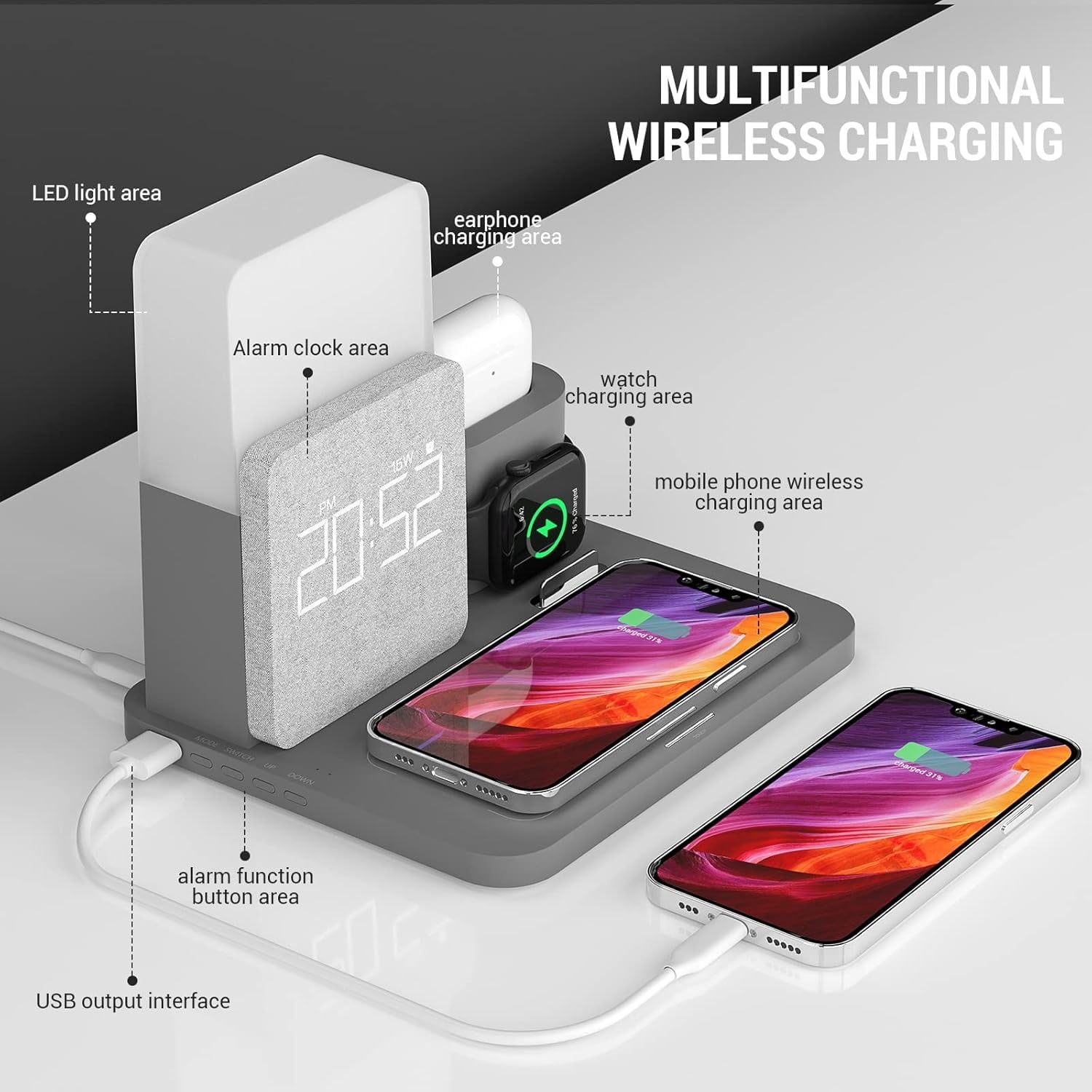 15W 3-in1 Wireless Charger Compatible iPhone 16/15/14/13/15, Apple Watch, AirPods – Fast Charging Dock w/Alarm Clock & Night Light Grey + 18W Adapter