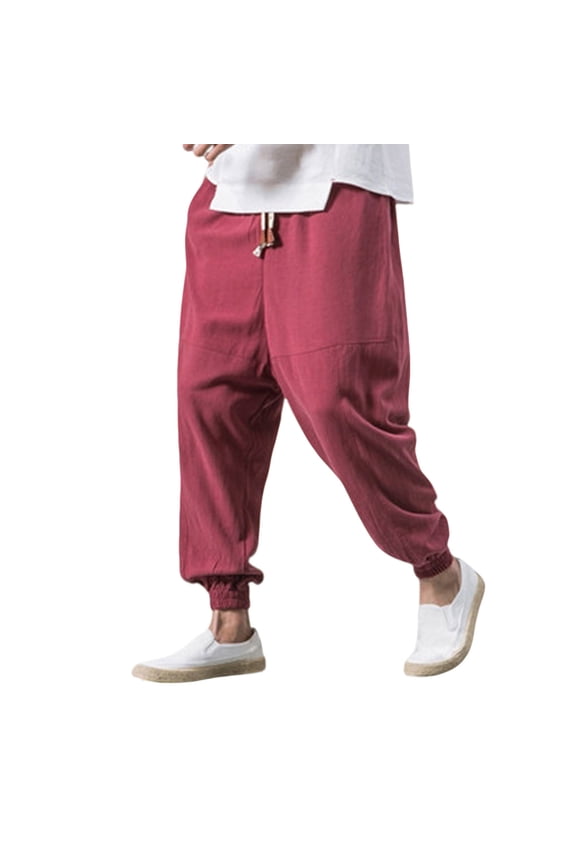 Mens Cotton Linen Drop Crotch Wide Leg Baggy Harem Pants Lightweight Drawstring Elastic Waist Baggy Joggers Red