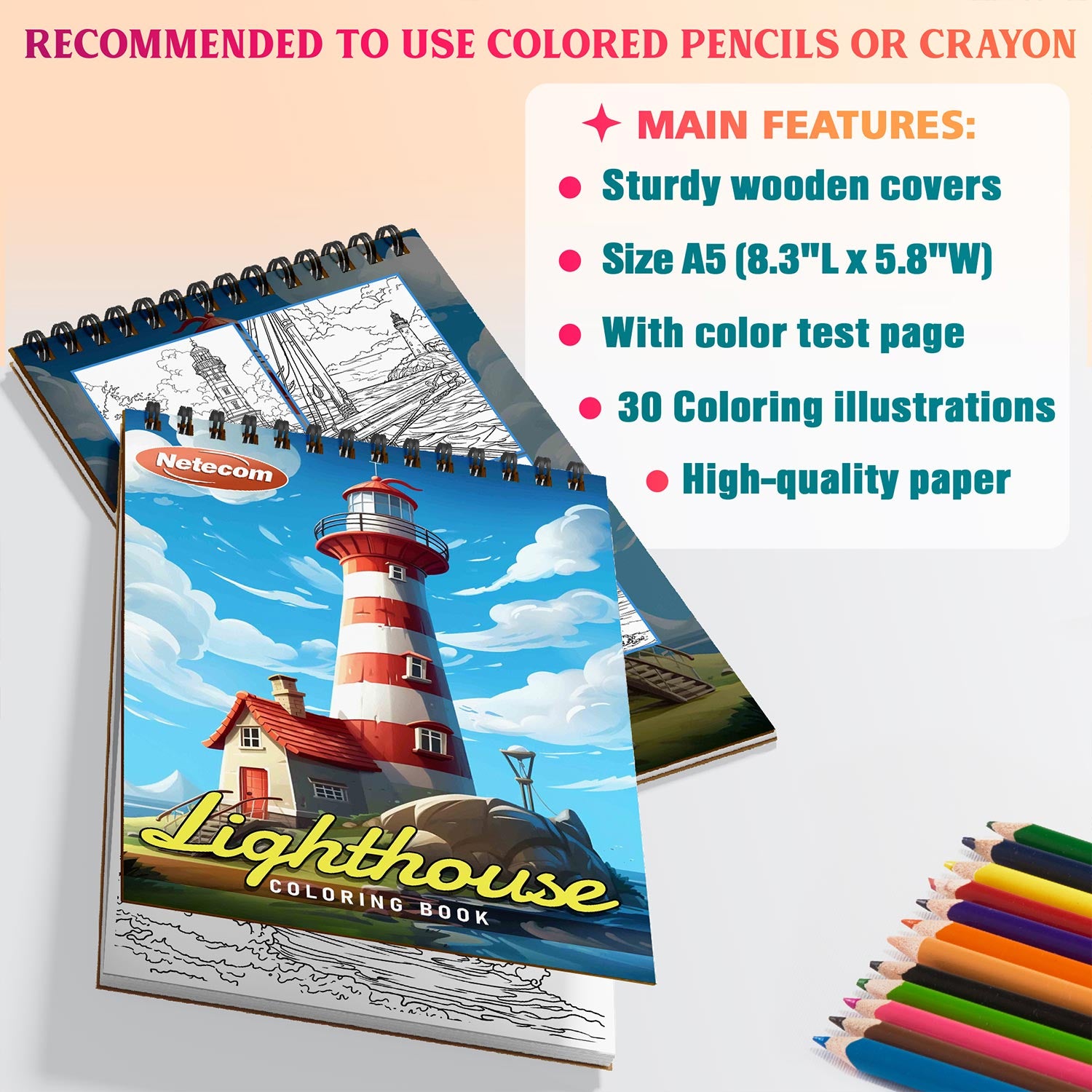 Netecom Lighthouse Coloring Book for Adults, Spiral Bound Edition, A5 Wooden Cover, 30 Serene Coloring Pages of Guiding Light for Stress Relief and Relaxation