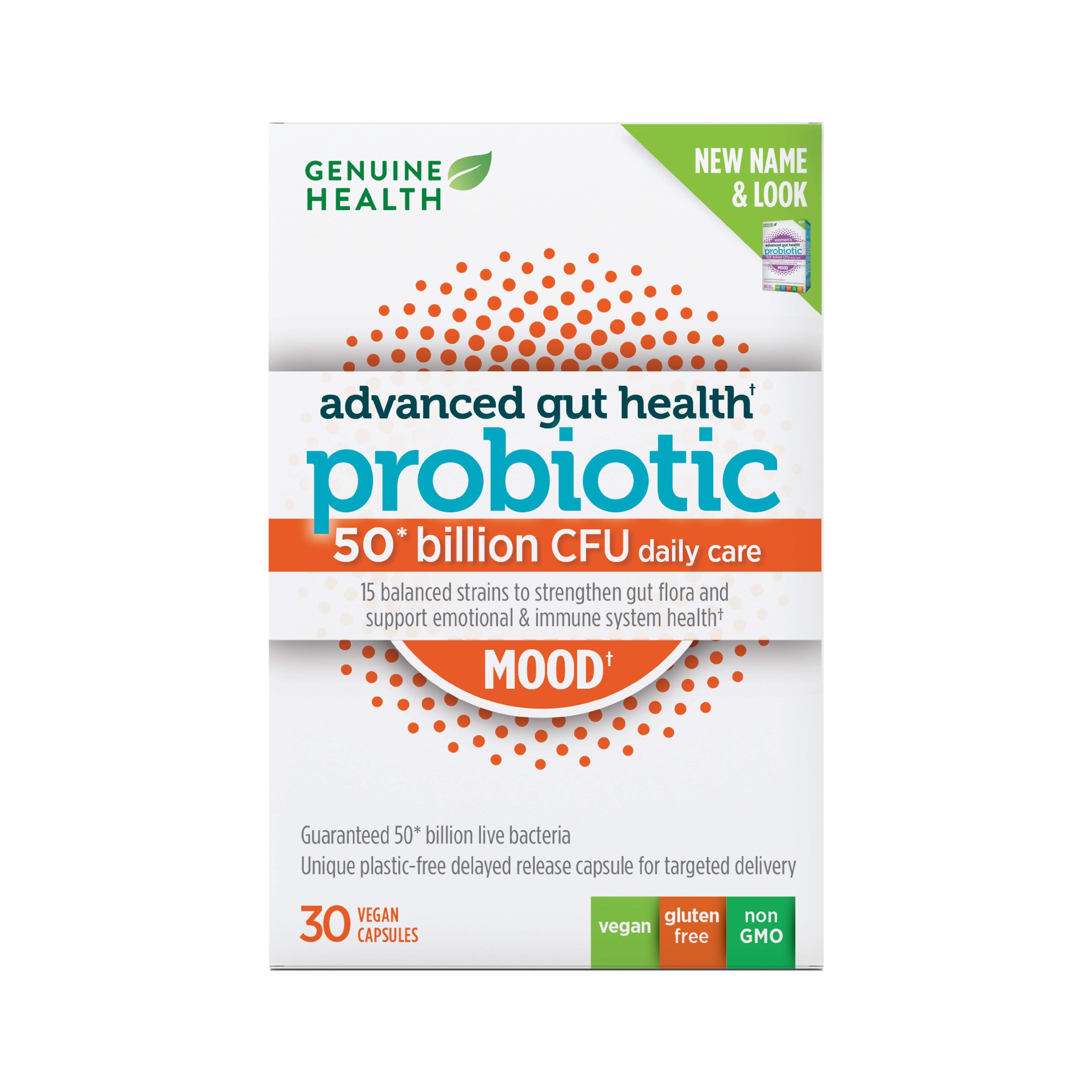 Genuine Health Advanced Gut Health Probiotic Mood, 50 Billion CFU, 15 Diverse Strains, Vegan Delayed-Release Capsules, 30 Count