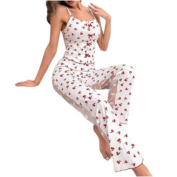 Tnhcen 2025 Women's Cute Cami Top and Long Lounge Pajama Set Lingerie Print Homewear Set S-3XL