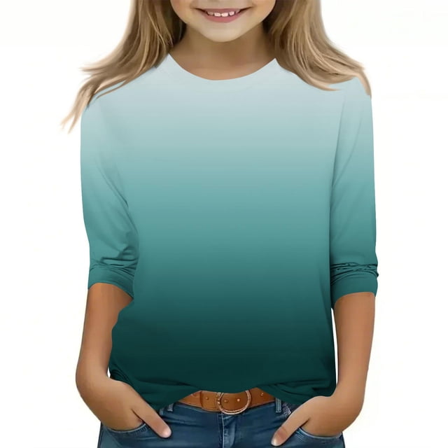 WRKEKC Chandails à Manches Longues pour Filles, T-Shirts à Manches Longues pour Filles, Hauts/chemise à Col Rond à Manches 3/4 Unis Tendance pour Enfants