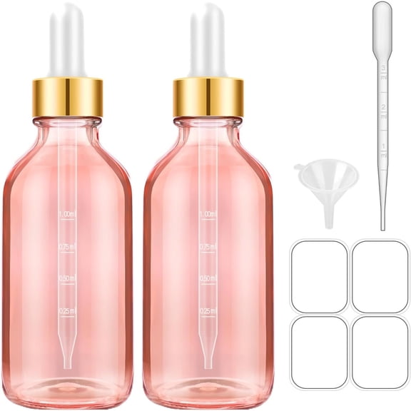 Glass Bottle with Dropper, 4 oz Tincture Bottle for Essential Oils with Labels and Funnels, 2 Pack Eye Dropper Bottles with Golden Top (Unbreakable Plastic Eye Dropper with Measurements)