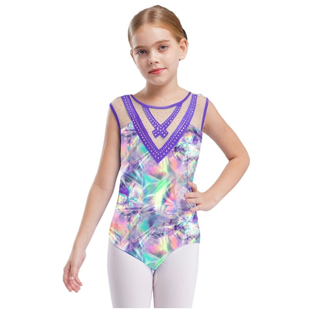 Yeahdor Combinaisons de Gymnastique Sans Manches pour Filles Enfants une Pièce Strass Pailletés Col Rond Costume Ballerine Violet 4
