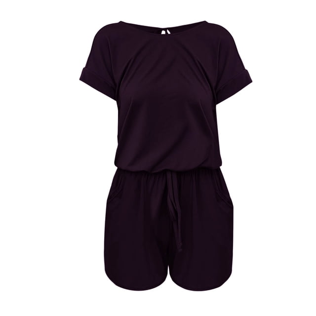 GYUJNB Combinaison pour Femmes Combinaison d'Été Décontractée pour Femmes à Col Rond, Manches Courtes, Taille Haute, à Cordon de Serrage, à Nouer, Short, Jambes Larges, Combinaisons pour Femmes, Noir, m