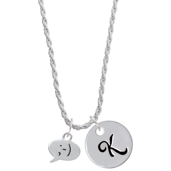 Delight Jewelry Silvertone Emoticon :- ) - Winking - Silvertone Script Initial Disc - K - Charm Necklace, 20"+3"