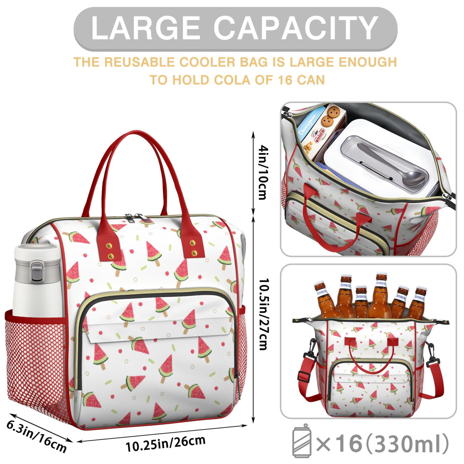 Summer Sunshine Watermelon Print Cooler Bag - Waterproof Insulated Tote for Office & Outdoor, Durable Leakproof Lunch Bag with Reinforced Handles