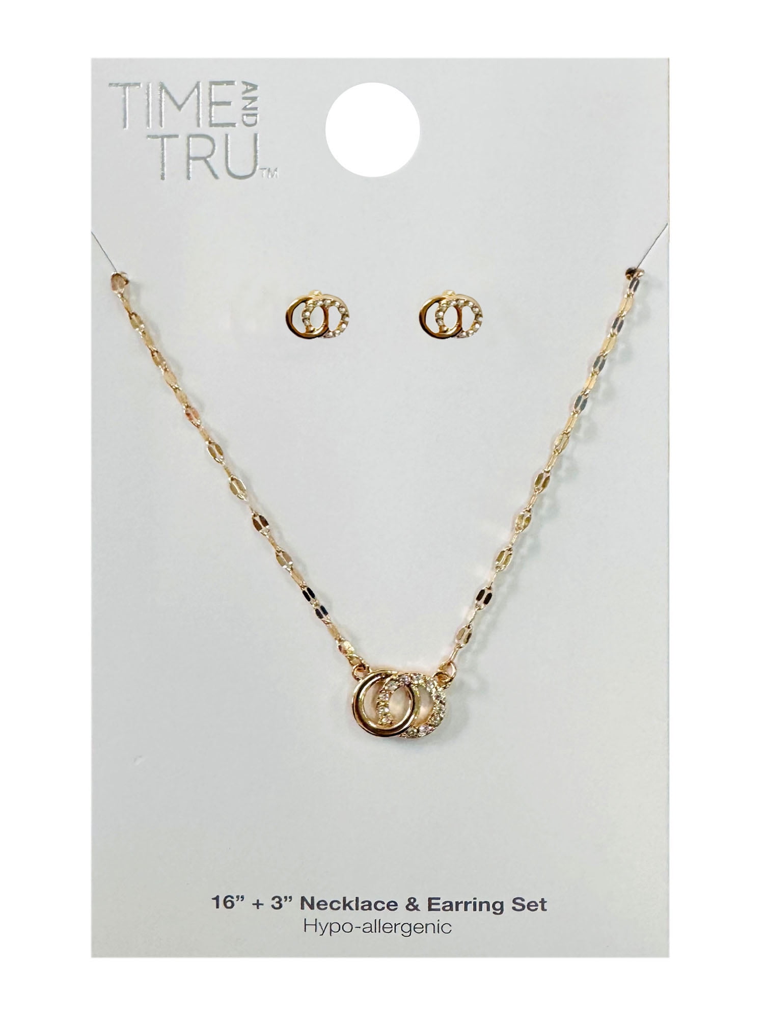 Time and Tru Interlocking Circles with Stones Earrings and Necklace 2 Piece Set Gold Plated for Female Adults and Teens