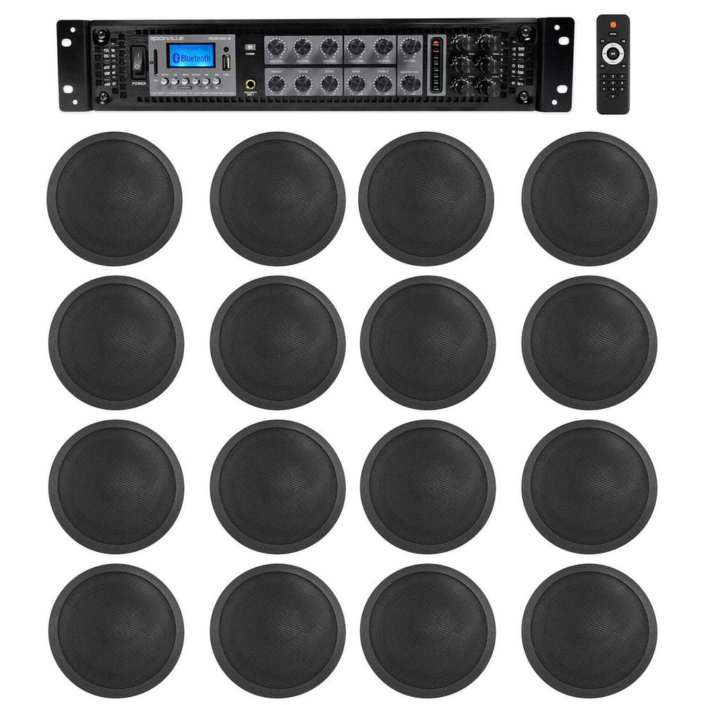 Rockville 6Zone Amp+16 Black 6" Ceiling Speakers for Restaurant/Bar