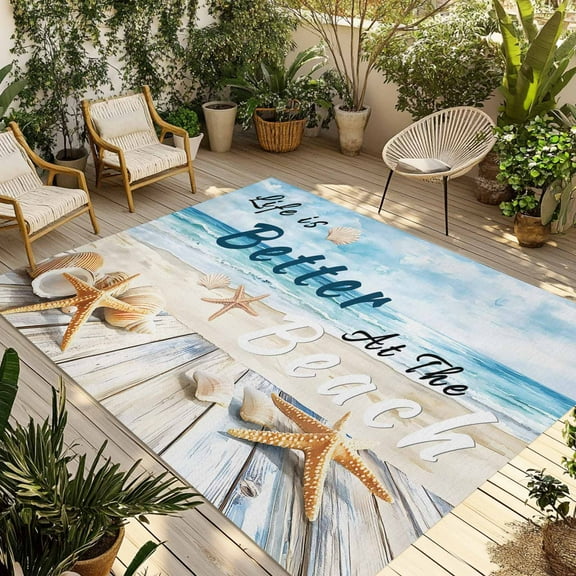 Fsddascl Summer Coastal Beach Outdoor Rug for Patio/Deck/Porch, Non-Slip Large Area Rug 6 x 9 Ft, Ocean Wave Starfish Shell Indoor Outdoor Rugs Washable Area Rugs, Reversible Camping Rug Carpet