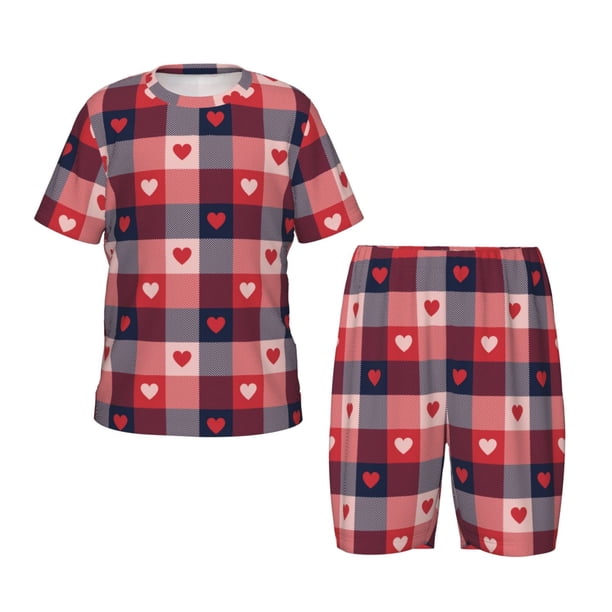 Balery Heart Plaid Conjunto de Pijama Infantil de Manga Corta con Estampado – Ropa de Dormir de Algodón Suave-3X-Large