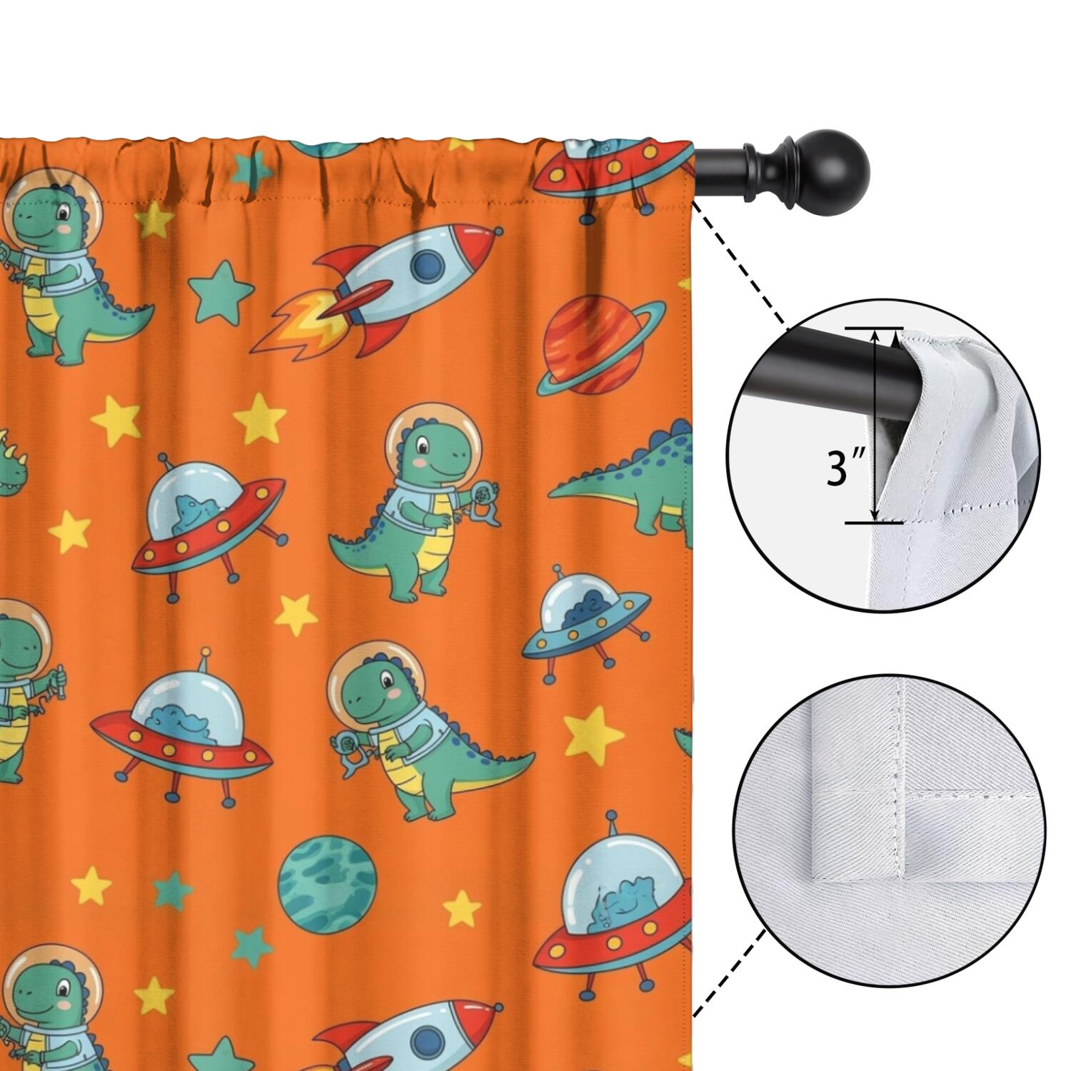 Blackout Kids Curtains,Orange Cartoon Dinosaurs Rockets Planets Pattern Childrens Insulated Curtains Set Of 2,Bedroom Essentials,Toddler Room Decor 42"x63"