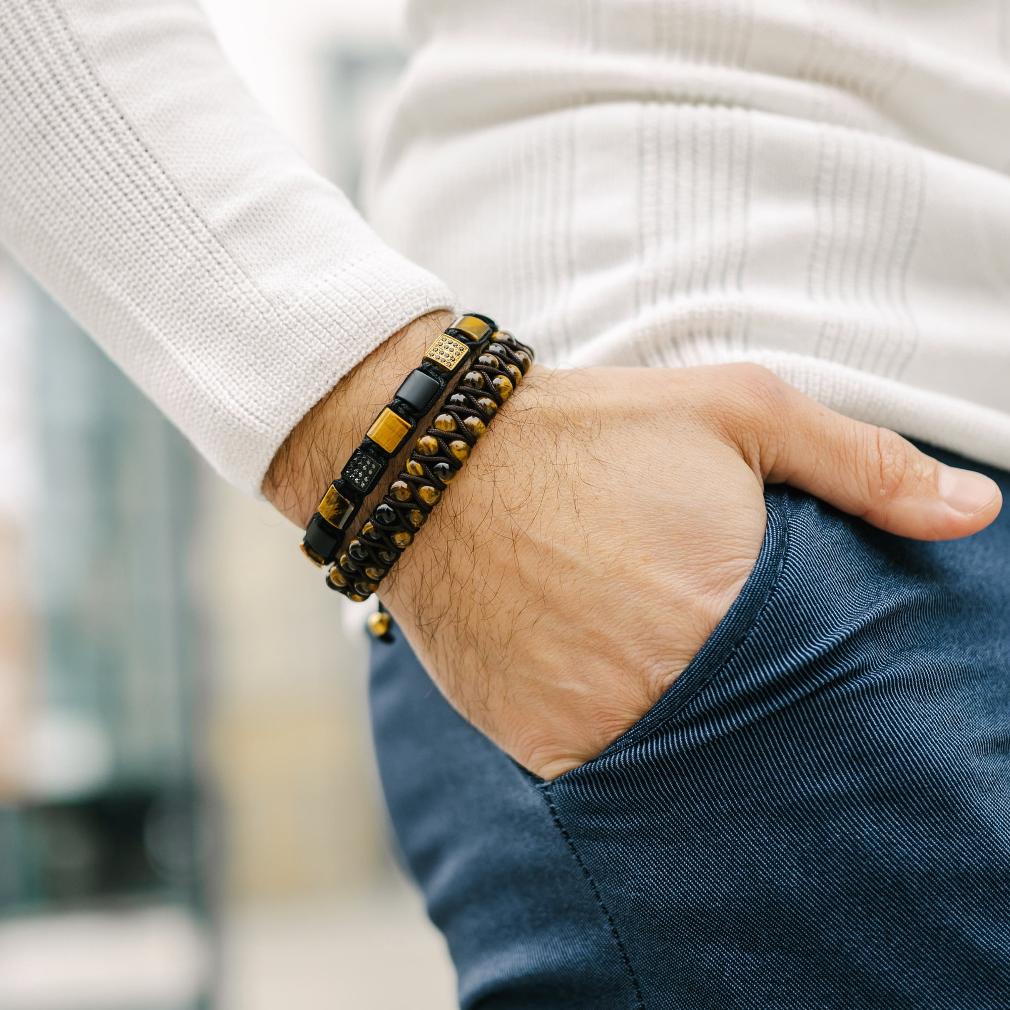 Men's TIGER EYE Double Bead Bracelet | Gift for Men | One Size Fits All | 100% Natural | Gemstone Adjustable Bracelet
