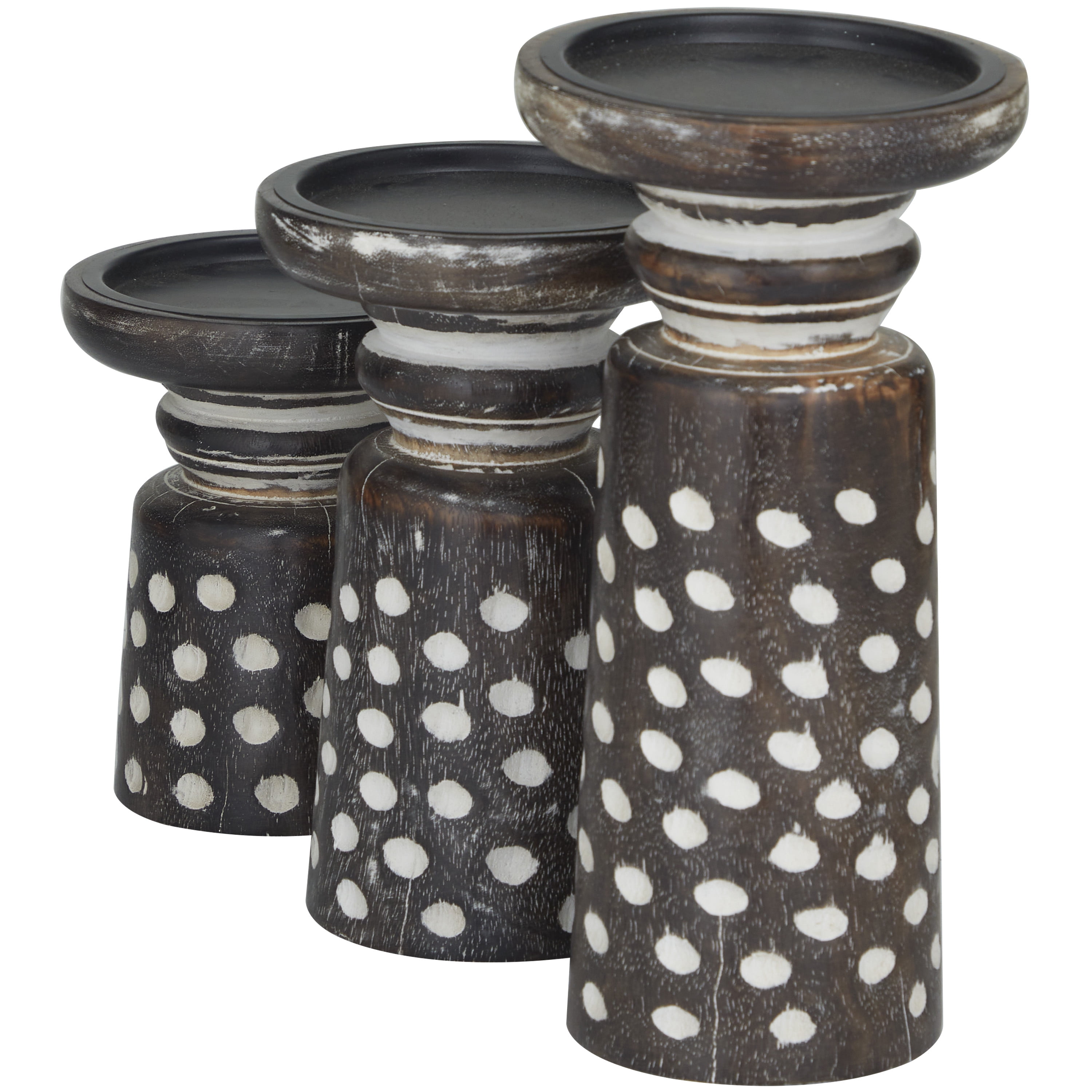 DecMode 3 Candle Dark Brown Mango Wood Round Carved Dotted Pillar Candle Holder, Set of 3