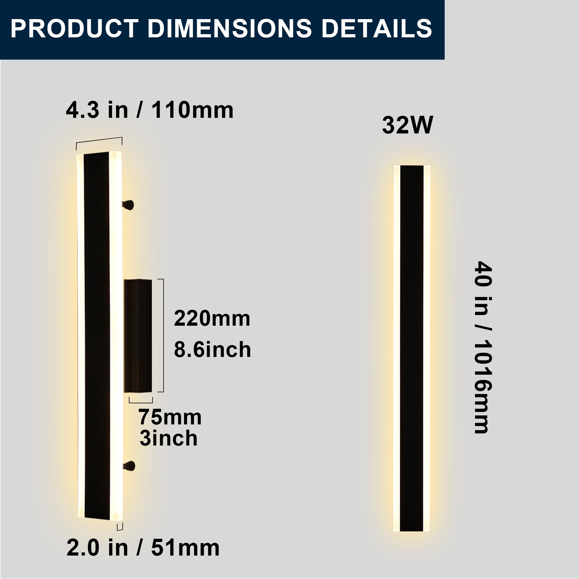 Melucee 2 Pack Long Outdoor Wall Lights, LED 40in Exterior Lighting Fixtures, IP65 Waterproof Matte Black Linear Outside Sconce