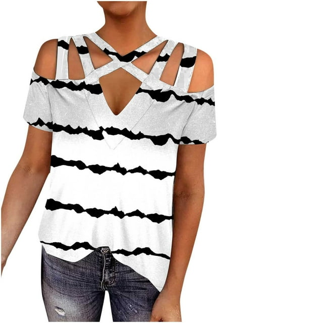 Birdeem Blouse à Manches Courtes Mode Décontractée Imprimée Col en V Épaules Dénudées pour Femmes