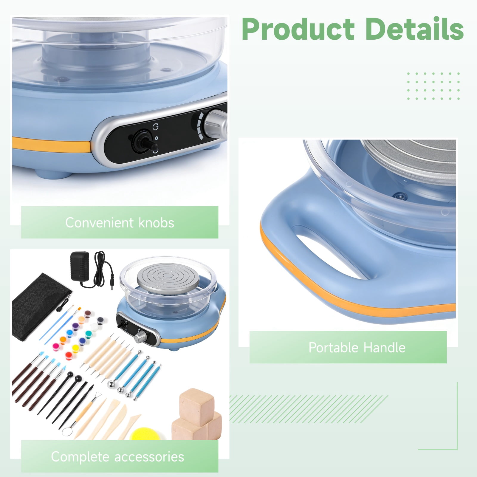 Mini Pottery Wheel Kit Electric Turntable Clay Machine with Handle, Adjustable Speed and Forward Reverse Rotation, 24 Shaping Tools 12 Color Paint Set 3 Clay Blocks for DIY Craft Projects