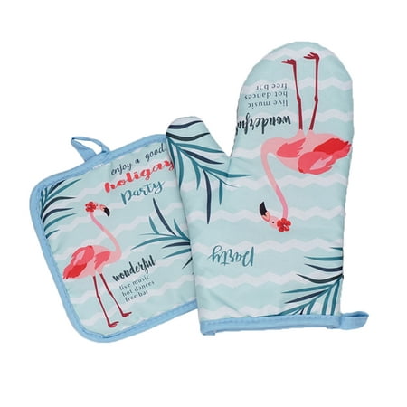 

2 Pcs Heat Resistant Oven Mitts and Mat Thicken Anti-scald Glove and Pad Flamingo Printed Baking Protective Glove Mat for Home Ki
