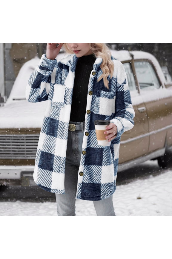 Winter Clothes for Women Sets Women's Long Sleeved Warm Button Plaid Jacket with Lapel and Pockets Tops Blue S Black*Friday/Cyber*Monday Clearance