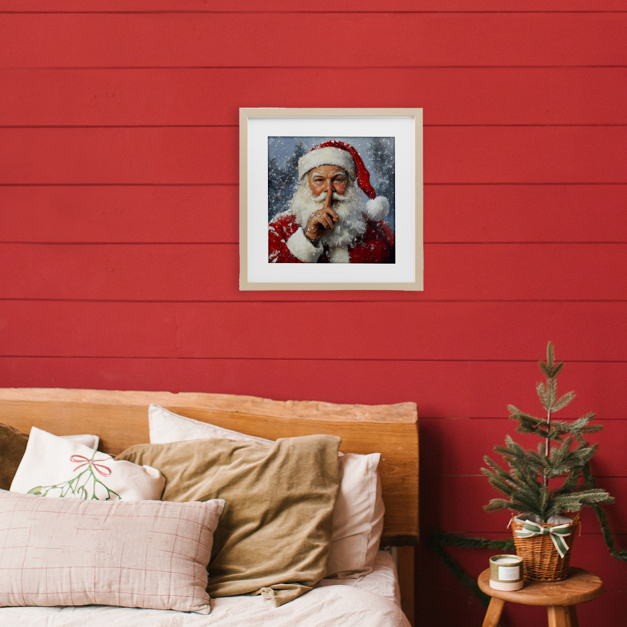 Secret Santa Shh Birch Framed Print Under Glass, design by Petal Prints Design