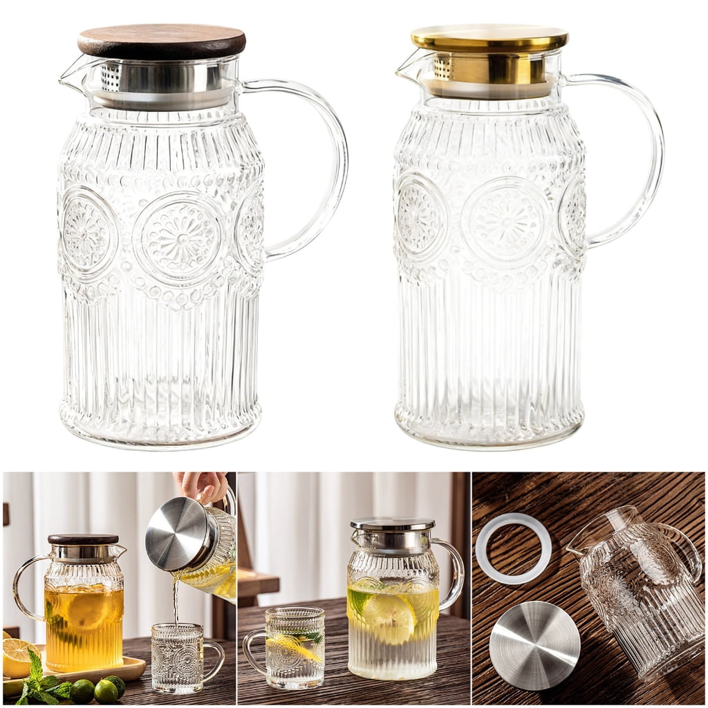 lanema Sun Pattern Retro Glass Pitcher Practical Lid Included For Kitchen And Living Room Use