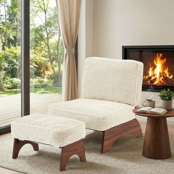SOBREMESA Accent Chair with Ottoman, Modern Corduroy Living Room Chair with Adjustable Backrest & Footrest, Comfy Reading Chair for Bedroom Guestroom, Cream