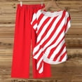 thumbnail image 5 of Women's 2 Piece Casual Outfit Diagonal Striped Asymmetrical Short Sleeve Top with Solid Color Elastic Waist Wide Leg Pants Breathable Daily Matching Set Red XL(XL), 5 of 5