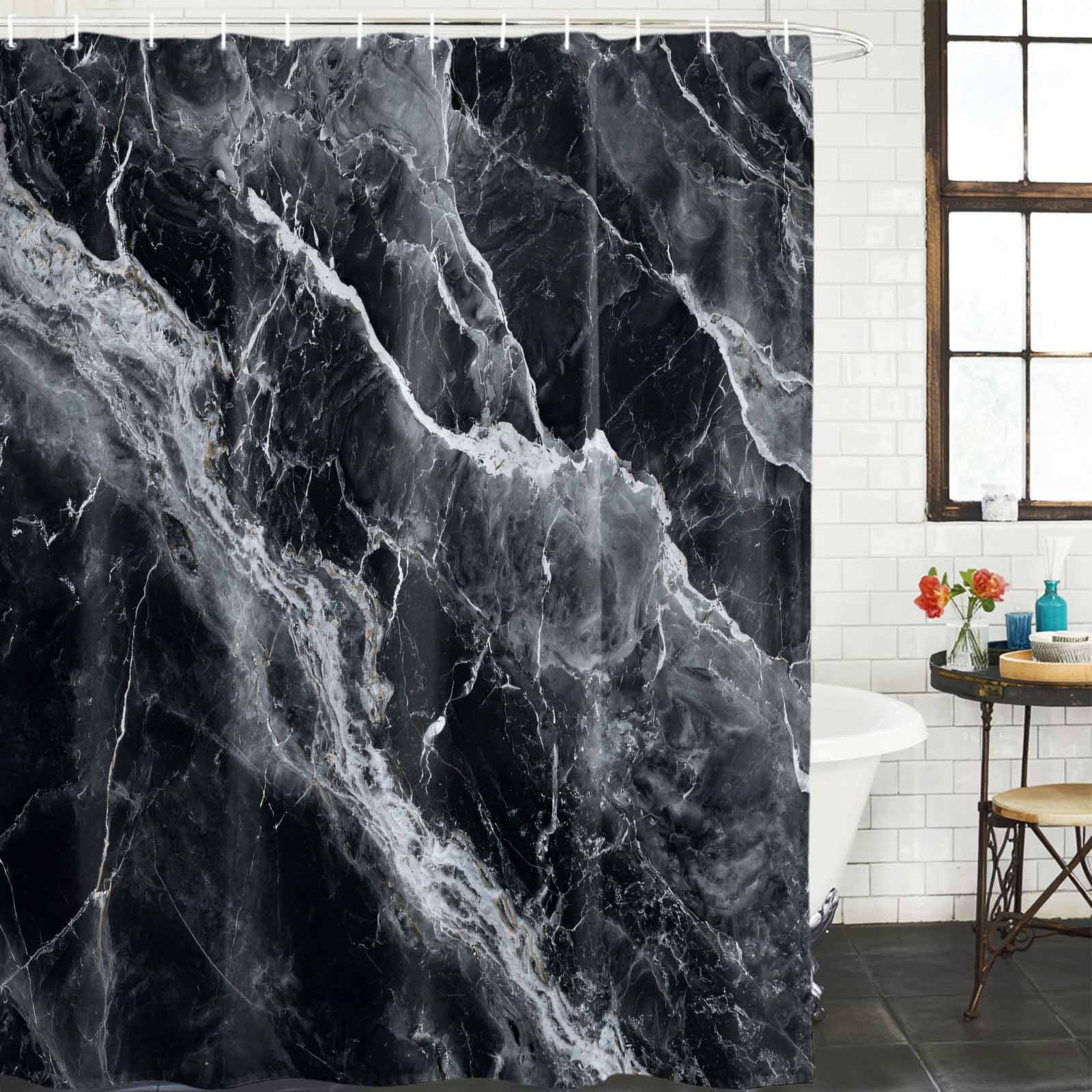 Shower Curtain Bathroom Set Abstract Marble Stone Texture Waterproof Fabric Shower Curtains with Grommets&Hooks, Black Privacy Bath Curtain for Bathtub 72x72in