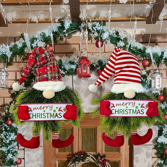 Dserfhy Lighted Christmas Gnome Wreath Artificial Pine Spruce Wreath for Front Door Swedish Tomte Hanging Sign for Xmas Porch Indoor Outdoor Home Decor