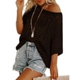 thumbnail image 2 of T Shirts For Women Crochet For Women Hollow Out Off Shoulder Short Sleeve Casual Summer Knit Cover Up Sweater Lightweight Oversized Baggy Pullover Trendy Summer Casual Short Sleeve Tops for Women, 2 of 7
