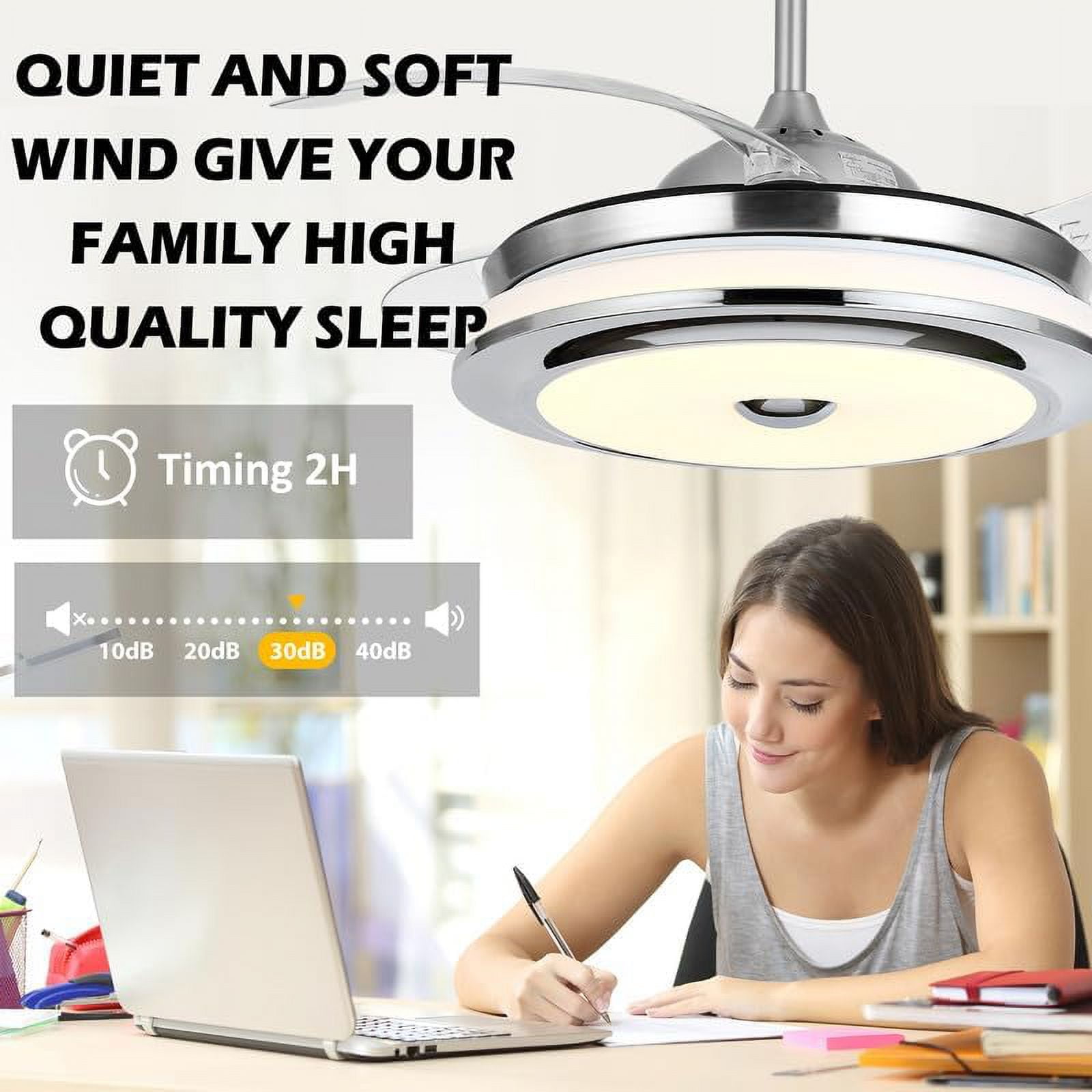 Datingday 42'' Reversible Bluetooth Ceiling Fan with Light and Speaker, LED Dimmable Fandelier Ceiling Fan Light with Remote Control Retractable Invisible Music Player Chandelier for Living Room