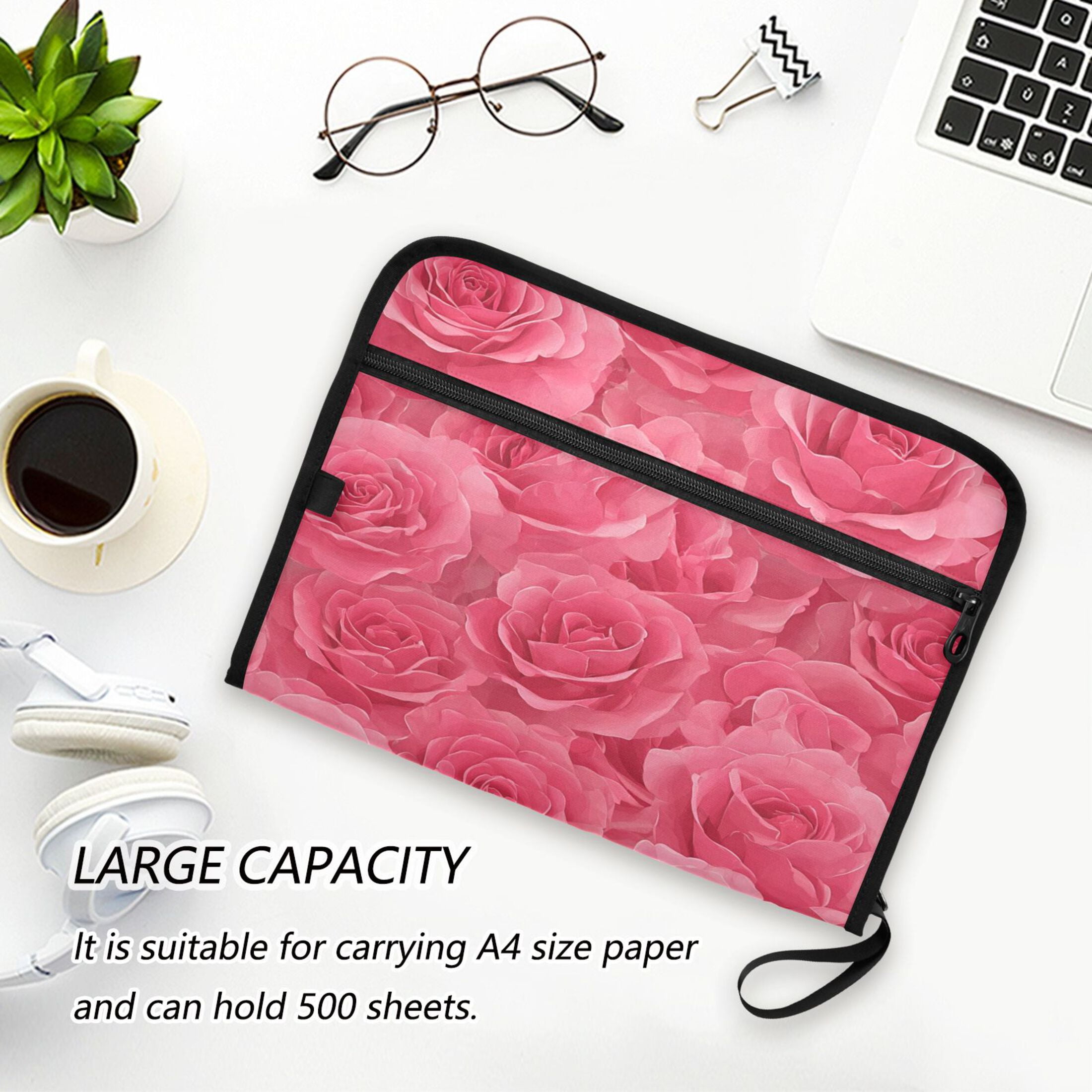 Accordion File Organizer with Zip Closure 13 Pockets Expanding File Folder Letter A4 Paper Document Organizer for Home Office Seamless Pattern with Pink Rose