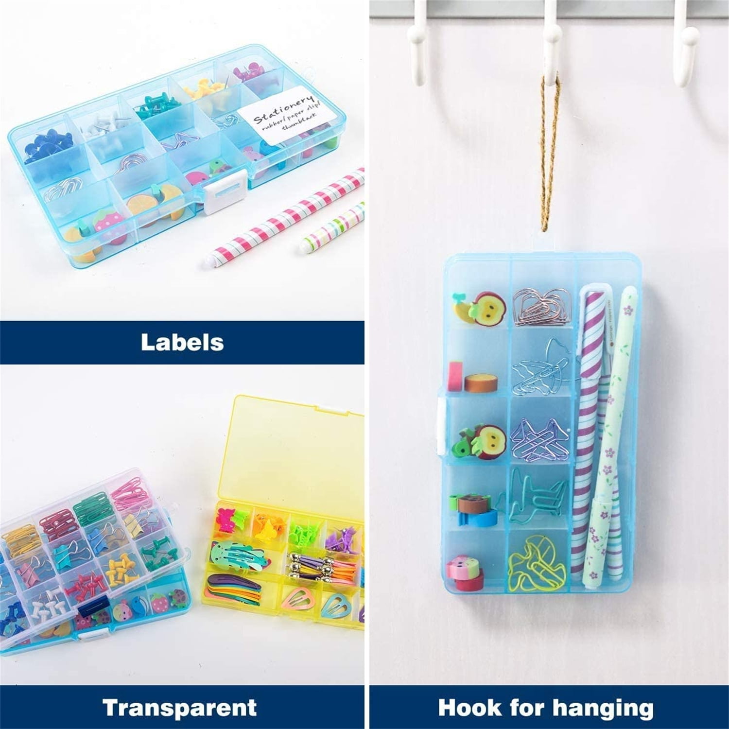 6 Pack Plastic Bead Organizer Storage Box with Compartments Containers with Adjustable Dividers Clear Storage Box for Earring Jewelry Beads Fishing Sewing Craft Supplies, 15 Grids