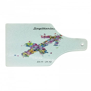 Zodiac Sagittarius Cutting Board, Blossoming Arrow Shape Flowers and Butterflies Flourishing Nature Design, Tempered Glass Cutting and Serving Board, Wine Bottle Shape, Multicolor, by Ambesonne