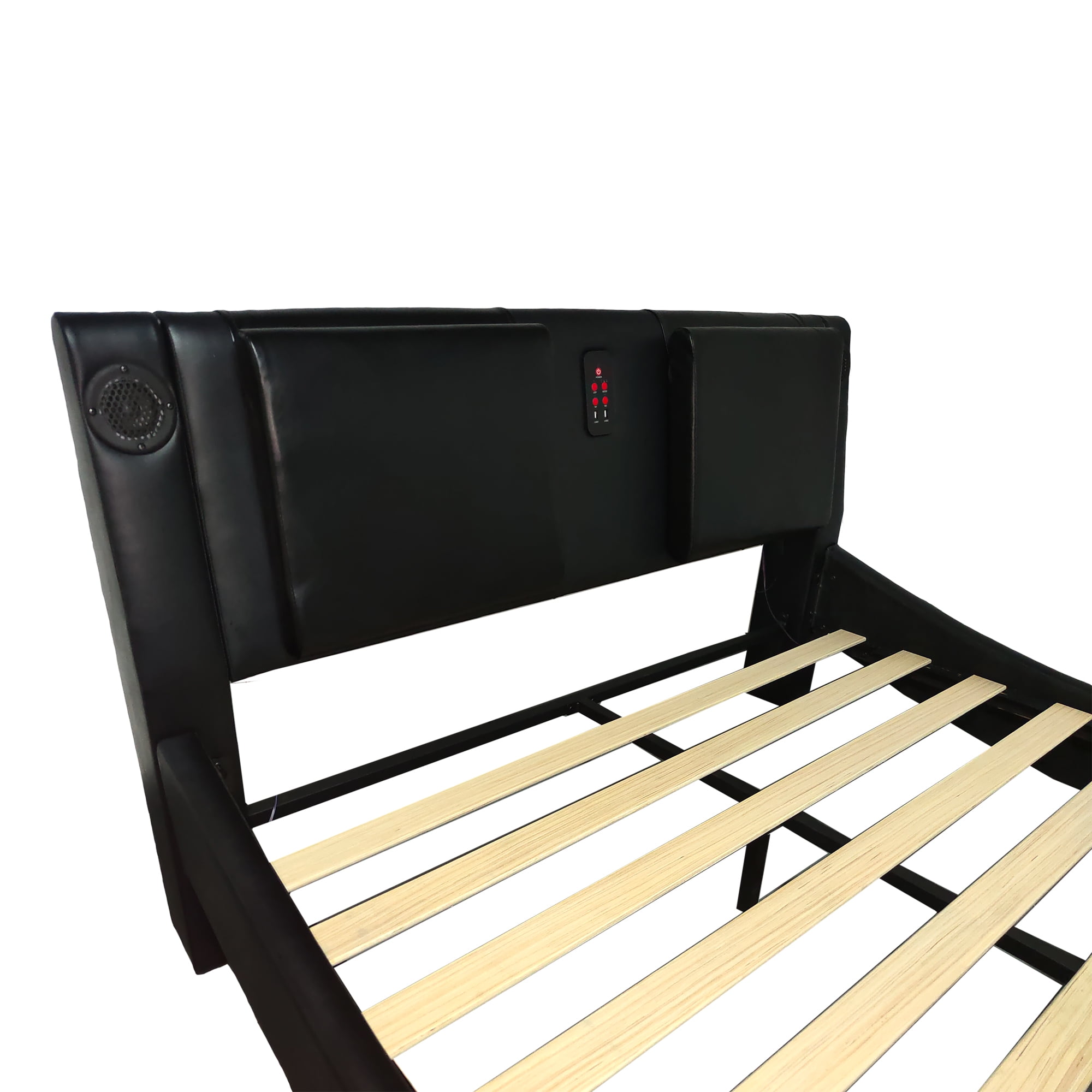 Mintazer King Faux Leather Platform Bed Frame with Massage Headboard & Bluetooth Speakers, Upholstered Platform Bed with USB Charging Ports & RGB LED Under Bed Lights for Bedroom, Black