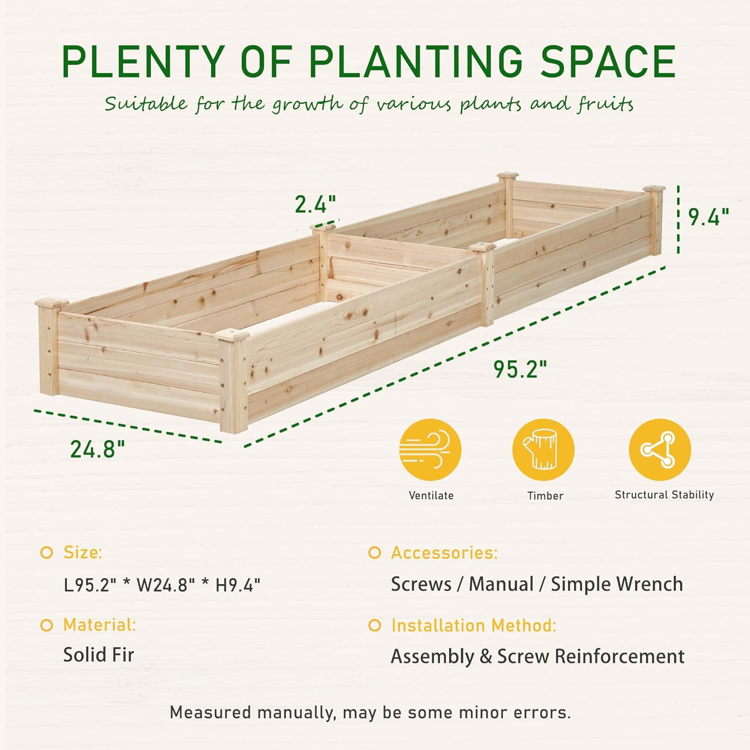 SOLAURA 96" x 24" x 10" Outdoor Wooden Raised Garden Bed Planter for Vegetables, Grass, Lawn, Yard - Natural