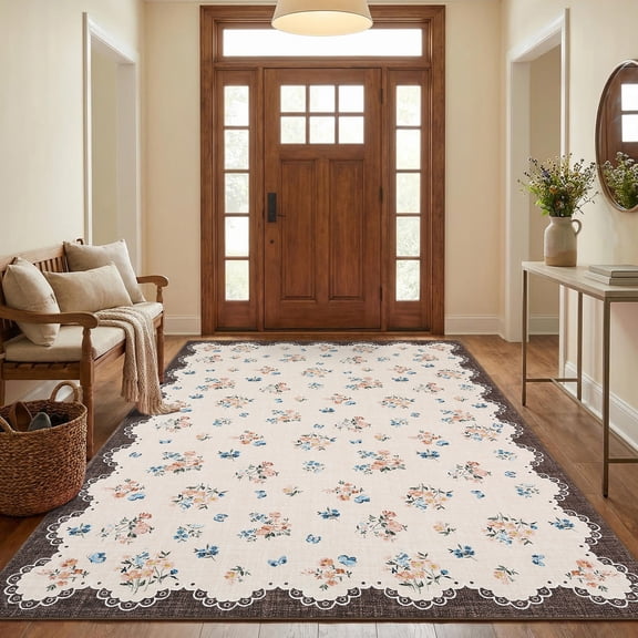 Nanan 9'x12' Area Rugs for Living Room Bedroom, Vintage Floral Rug Washable Scalloped Pattern Bordered Non Slip Stain-Resistant Accent Rug, Brown